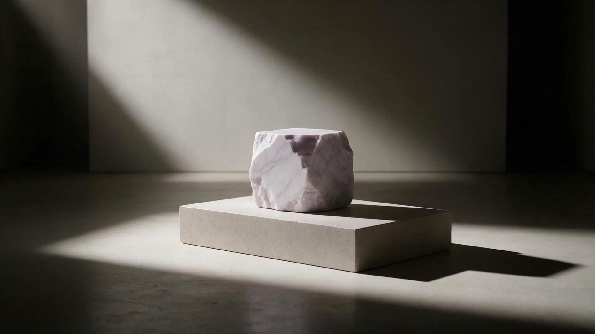A raw block of lilac marble on a limestone plinth in a dark gallery, one hard light from the left.