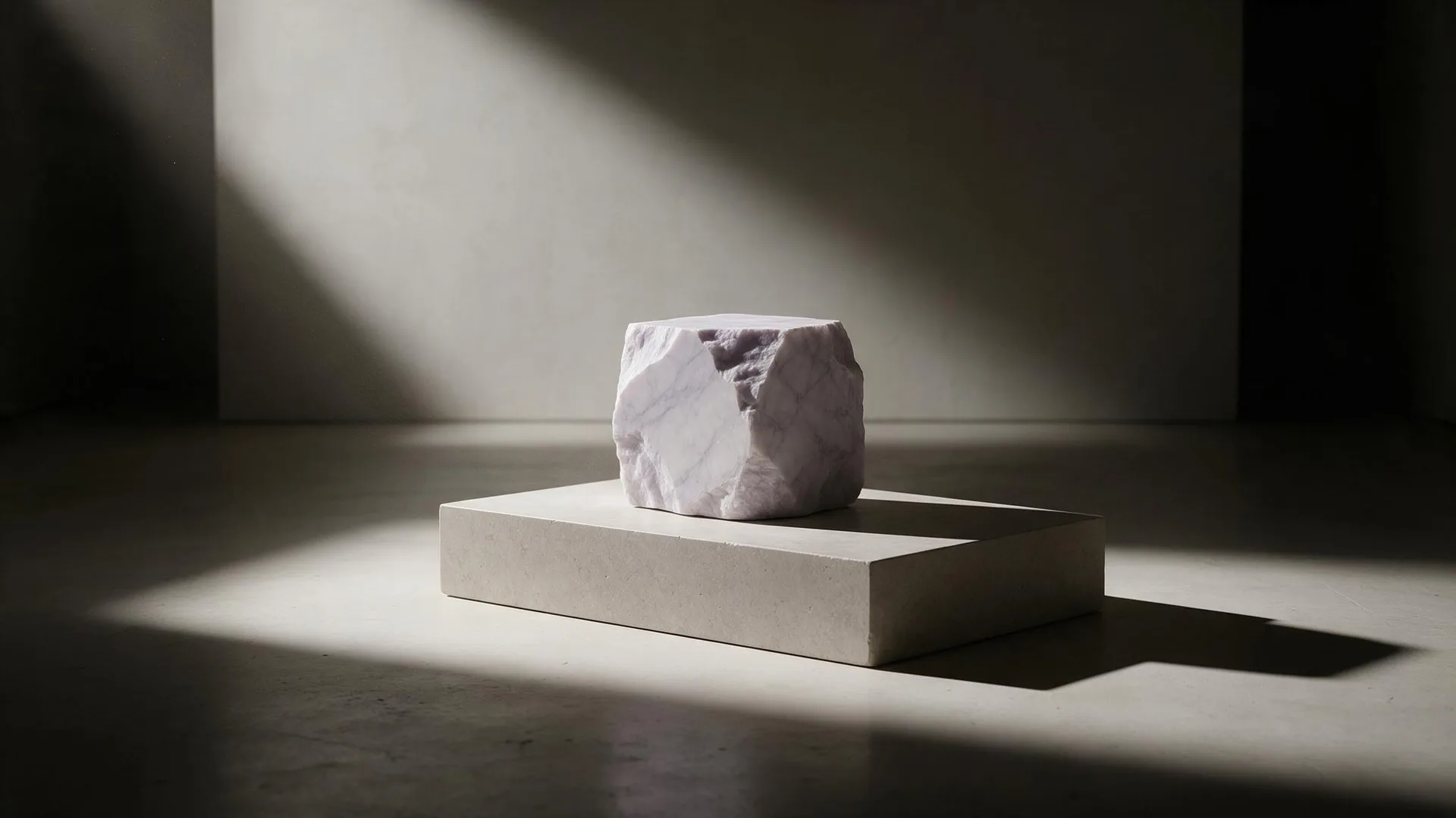 A raw block of lilac marble on the plinth.