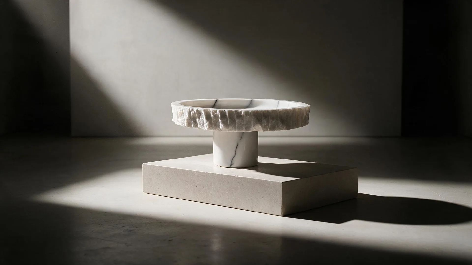 The finished lilac marble pedestal bowl on the same plinth: chiseled rim, polished top.