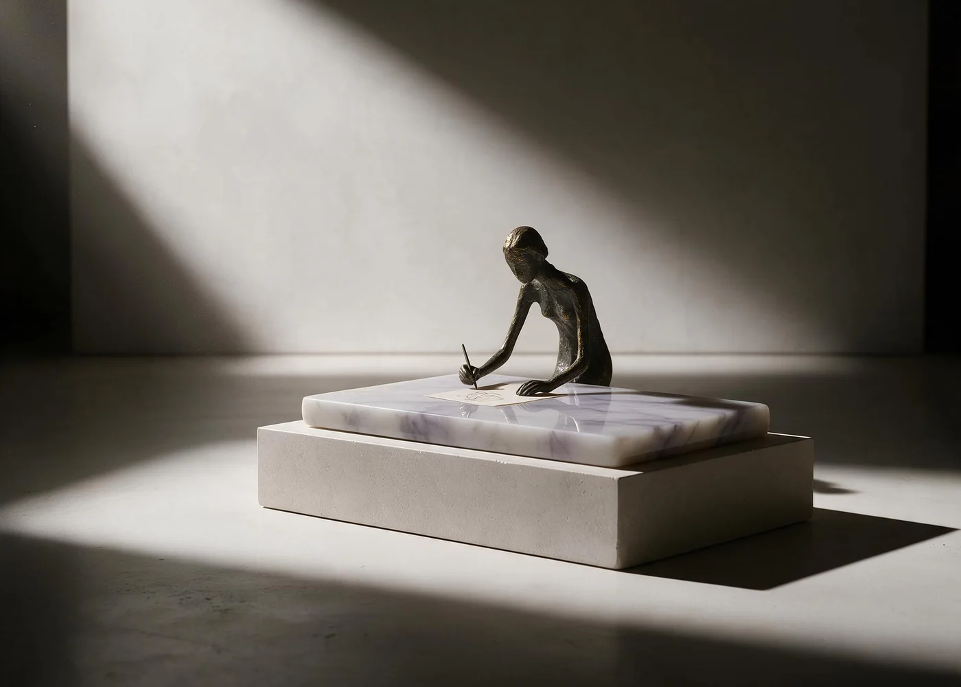 A small bronze figure bent over a polished lilac marble slab, drawing on a sheet of paper.
