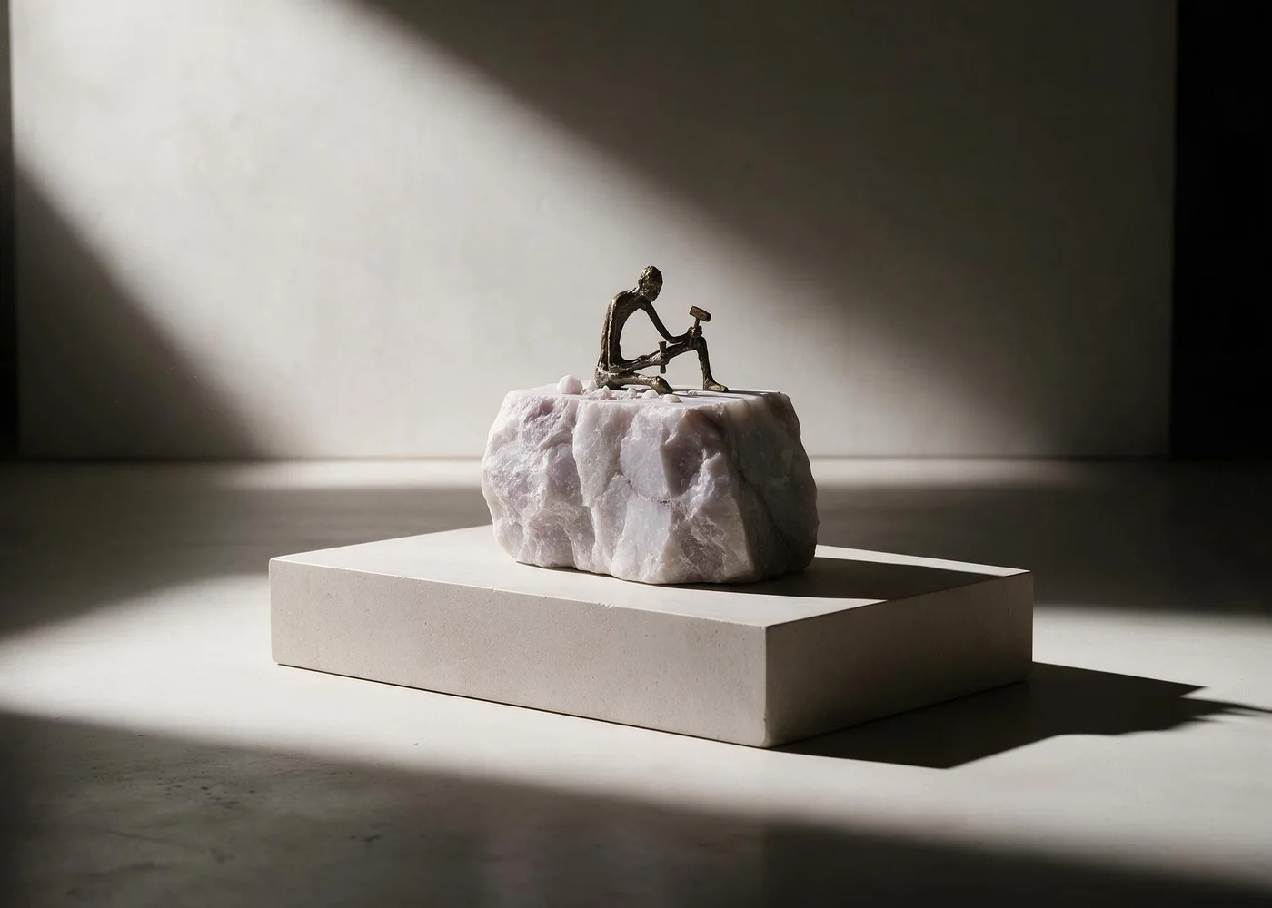 A small bronze figure with a mallet and chisel, working on top of a raw split block of lilac marble.