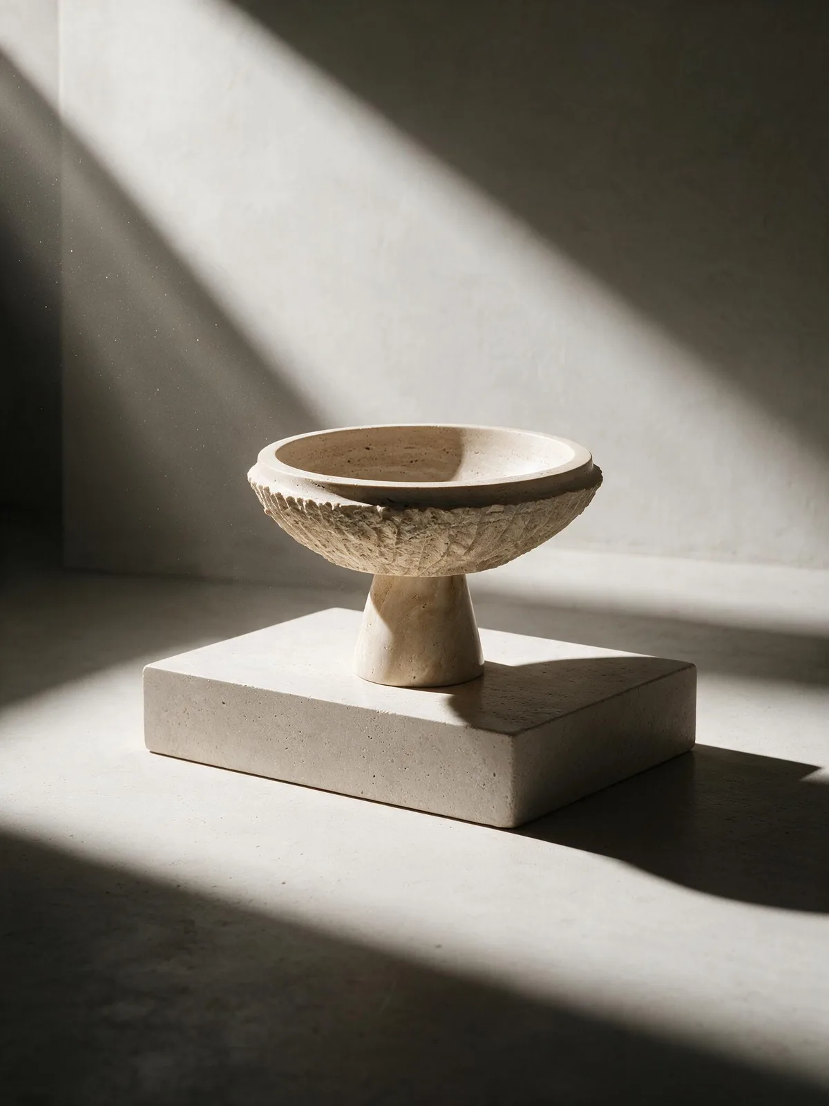 Travertine pedestal bowl with a chiseled rim.
