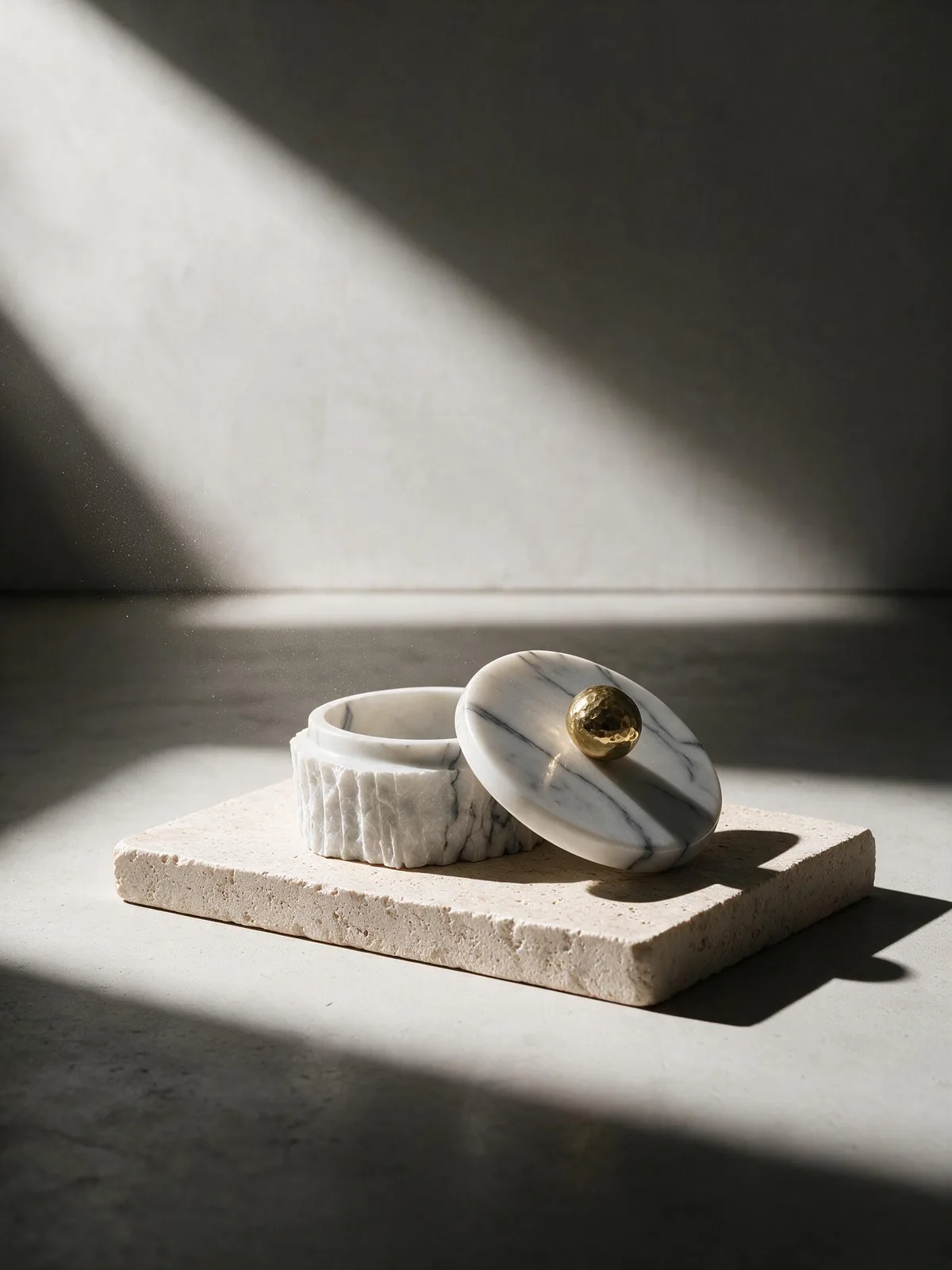 Lilac marble trinket box with a chiseled outer wall, lid leaning beside it.