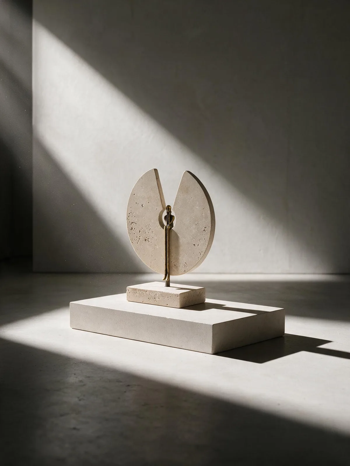 Split travertine disc with a small gold-toned seated figure between the halves.