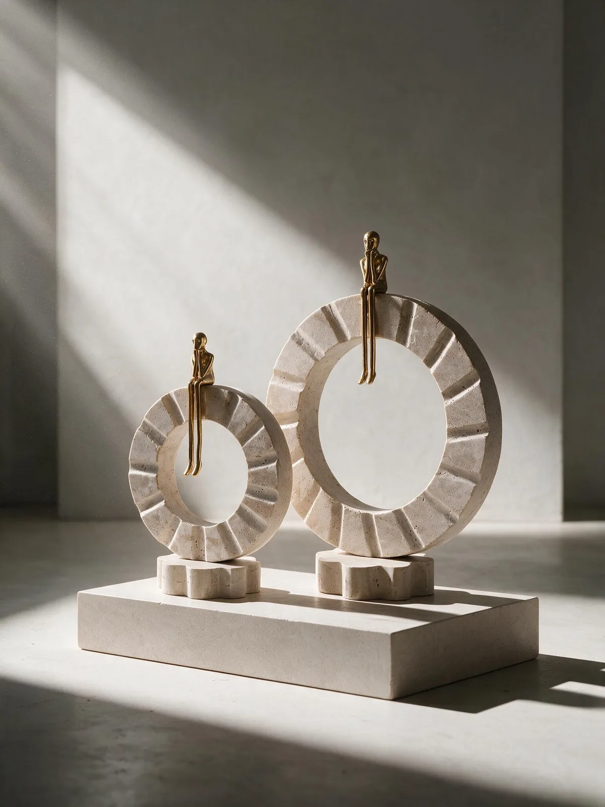 Two travertine rings, each with a small gold-toned figure sitting on top.